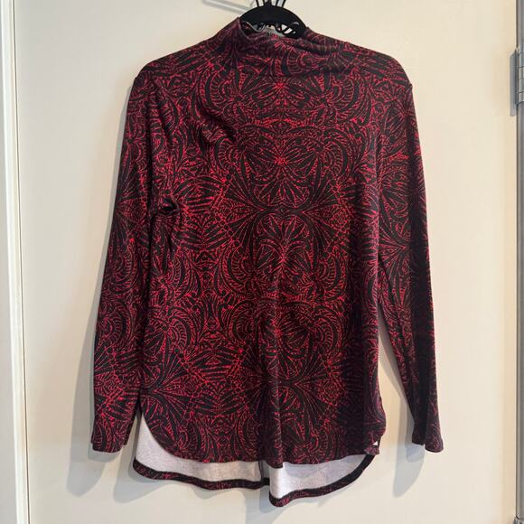 Chico's Top Red Mock Neck Back Zip High-Low Hem Floral Long Sleeve Sz 0 / Small - Picture 1 of 5